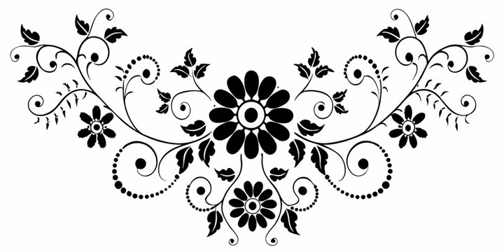 black and white floral ornament with swirling vines and blossoms