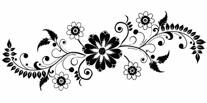 black and white floral ornament with swirling vines and leaves