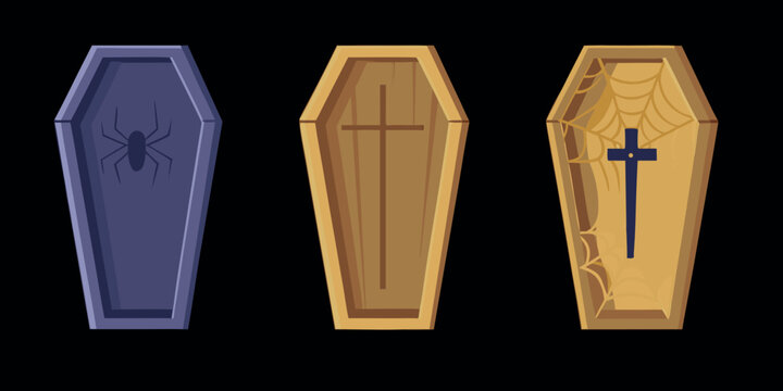 stylized coffins with halloween decorations vector illustration on black background