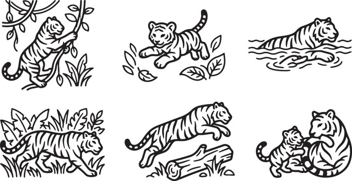Collection of hand drawn tiger illustrations showing various activities like playing jumping swimming and walking in a natural forest setting