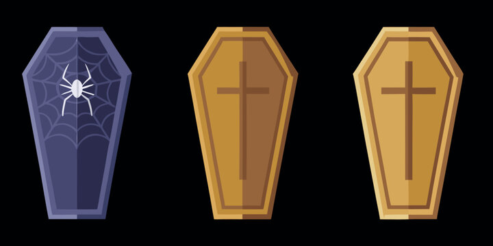 stylized coffins with halloween decorations vector illustration on black background