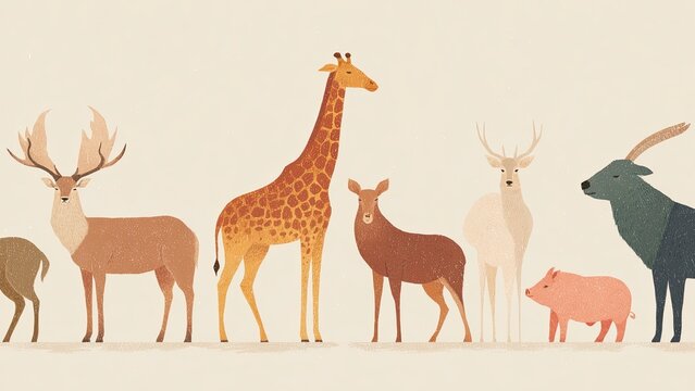 北欧風の動物たちが並ぶナチュラルイラスト 背景素材