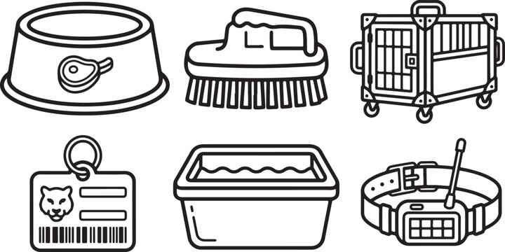 Set of black and white line art icons depicting various essential supplies used for the care of domestic pet animals