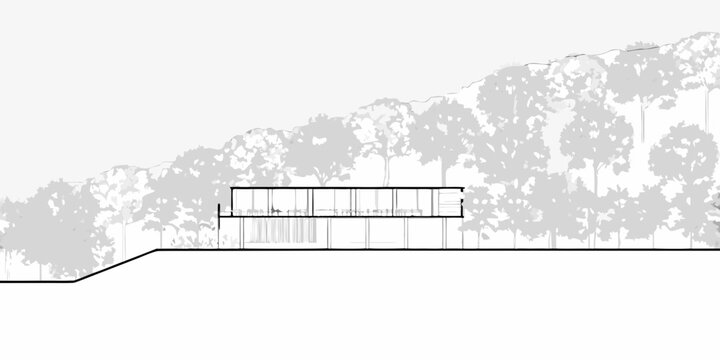 architectural section of building integrated into hillside landscape