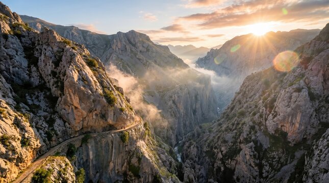 Vista A&eacute;rea de la Ruta del Cares al Amanecer con Niebla Entre las Monta&ntilde;as de los Picos de Europa y la Cordillera Cant&aacute;brica.