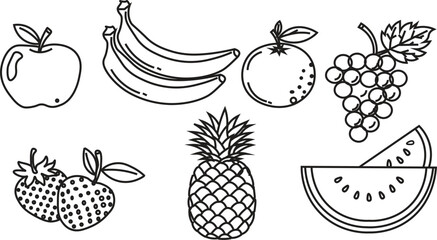 Fruit Vector Icon Set in Color and Line Art: Colorful and monochrome comic style illustrations of apple, banana, orange, grapes, strawberry, pineapple, and watermelon. Minimalist hand-drawn vector gra © MDneamul