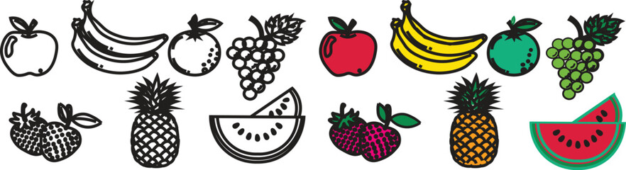 Fruit Vector Icon Set in Color and Line Art: Colorful and monochrome comic style illustrations of apple, banana, orange, grapes, strawberry, pineapple, and watermelon. Minimalist hand-drawn vector gra © MDneamul