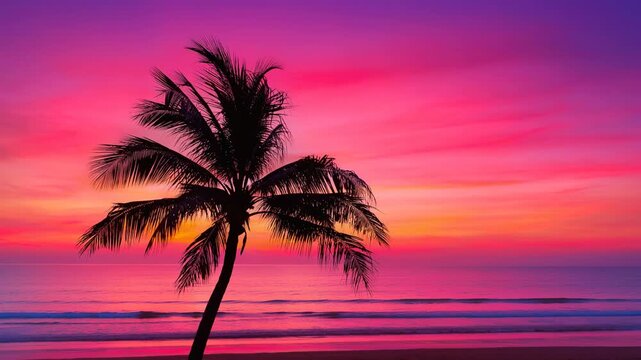 Lone palm tree swaying by ocean shore during mesmerizing colorful sunset over tropical beach