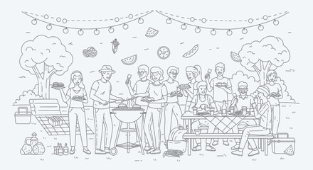 Obraz premium Group of Friends Having Fun at Outdoor Barbecue Party Line Art