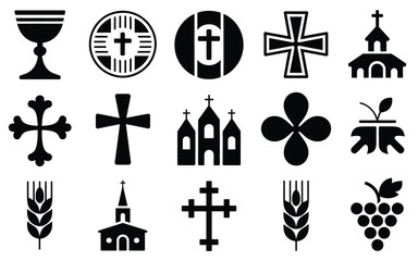 Fototapeta premium Black and white vector icons of religious symbols crosses churches wheat and grapes in minimalist style