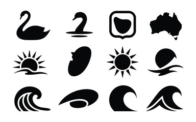 Clean minimalist icon bundle featuring swans waves sun and australia symbols in black on white background © Sourabh