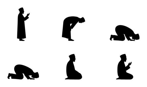 Islamic Prayer Silhouettes, Muslim Worship Poses, Salat Rakat Sequence, Devotional Figures, Religious Rituals, Vector Icons Set