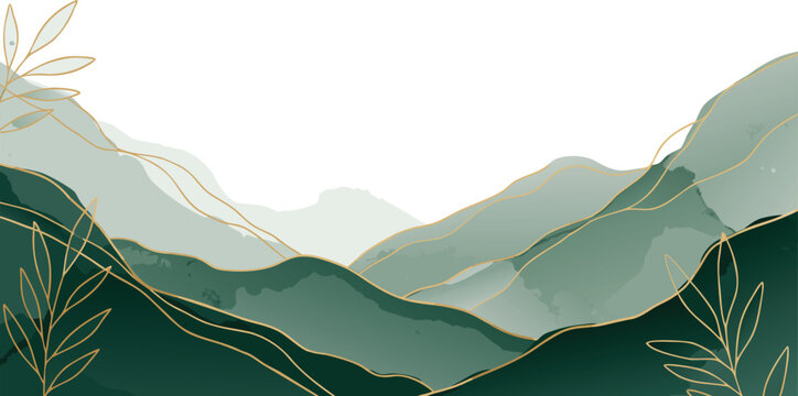Mountain landscape vector illustration with misty mountains, sunrise sky, forest valley, and scenic horizon view
