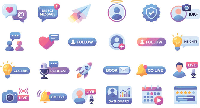 Vector illustration of cute pastel colored social media interface elements and marketing labels set on white background