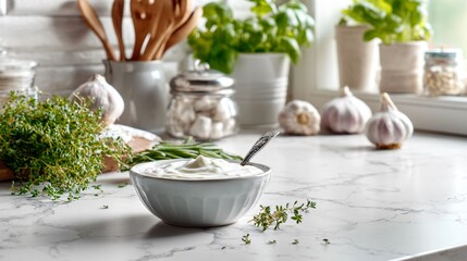 Fototapeta premium A bright kitchen countertop scene with freshly prepared yogurt sauce placed on a white quartz surface, surrounded by herbs, garlic, and cooking utensils in natural daylight