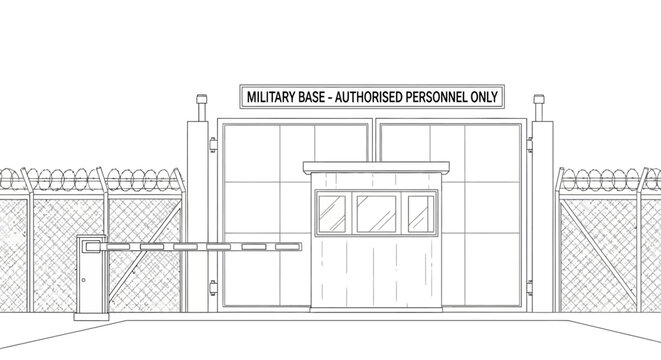 Line drawing of a military base entrance with a gate and a sign reading 'MILITARY BASE - AUTHORIZED PERSONNEL ONLY' on a white background.