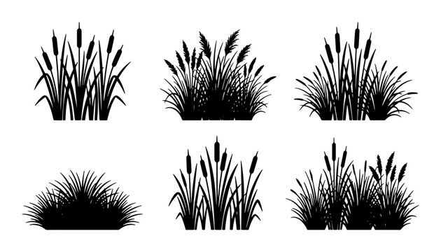 Cattail Plant Vector Icons, Wetland Reeds Silhouette Collection, Marsh Grass Clumps Set, Nature Elements for Design