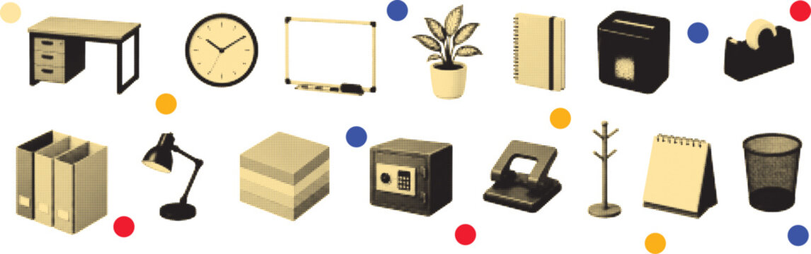 Halftone pop art collage cut out set with office desk, whiteboard and workplace accessory vector illustration