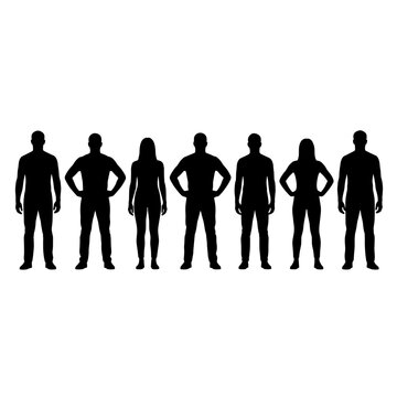 Diverse Group Silhouette A Collection of Seven Standing Figures Representing Men and Women in a Straight Line Formation