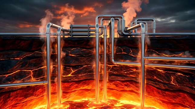 Industrial pipes over lava, smoke and flames heat