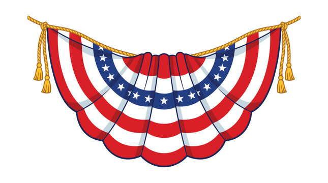 American Flag Bunting Illustration, Paper fans and stars in American colors seamless border. Half-circle bunting garlands, red, white, and blue patriotic decorations. July 4, independence day