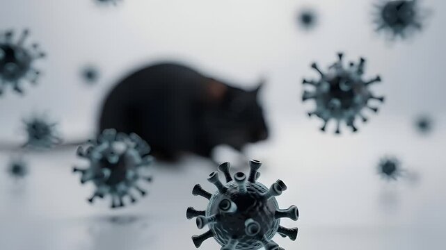 3D visualization of a hantavirus particle with rodent carrier illustrating viral outbreak and healthcare contamination risk