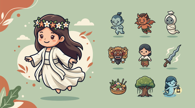 Cute Chibi Flat Vector Illustration of Indonesian Folklore Characters and Mythical Spirits Including Woman in White Gown, Flower Crown, Pocong Ghost, Barong Mask, and Kris Dagger Icons.