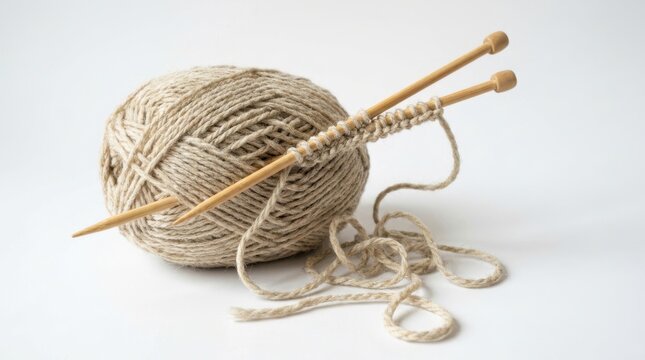 Natural beige yarn ball with wooden knitting needles on clean for crafting isolated on white background