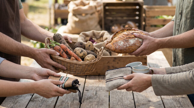 Hands exchanging fresh bread and vegetables in a rustic food barter market scene with natural organic produce on wooden table, community sharing concept, sustainable lifestyle and local farming cultur