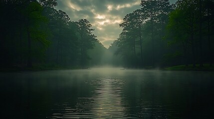 Obraz premium Misty Lake Serenity Dawns Embrace in the Forest with tranquil landscape nature scene.