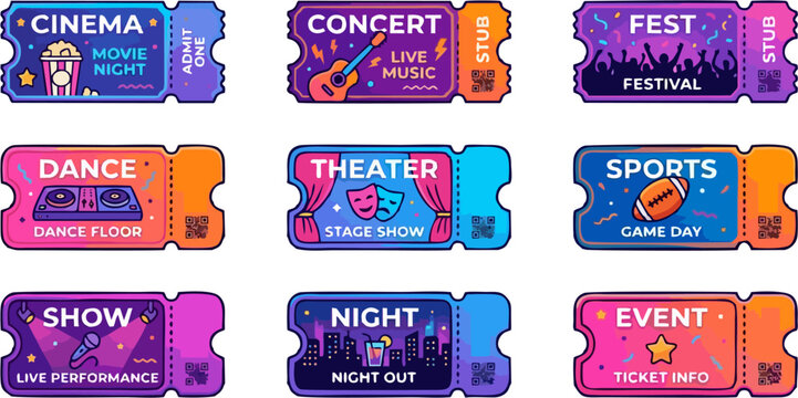 Set of Nine Colorful Event Ticket Templates Vector Illustration &ndash; Cinema, Concert, Festival, Dance, Theater, Sports, Show, Night Out and Event Ticket Designs with QR Code and Stub