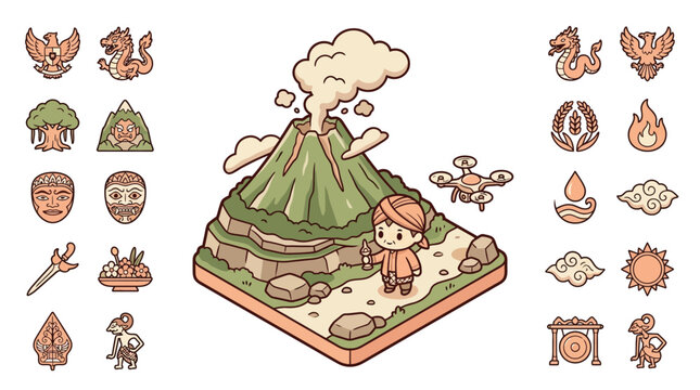 Isometric vector illustration of a smoking volcano with a chibi character in Indonesian traditional attire, a modern drone, and cultural icons like Garuda, Wayang, and Barong.