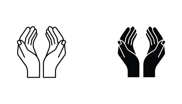 Pair of open cupped hands symbolizing protection and care in line art and solid vector icon style
