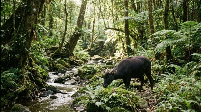 A rare anoa grazing peacefully near a small, winding forest creek in a lush, green tropical jungle environment, capturing a serene and cinematic moment in a wild, undisturbed natural habitat.