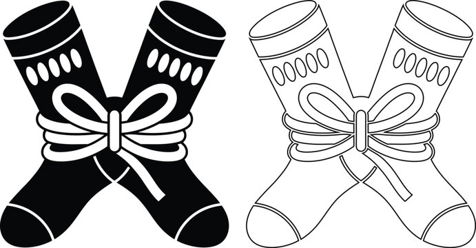 Pair of crossed socks tied with ribbon icon and outline vector graphics christmas clothing footwear decoration illustration isolated seasonal