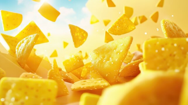 Crispy golden snack pieces flying and falling against a bright sunny sky perfect for modern snack advertising