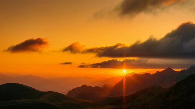 Breathtaking mountain sunset with vibrant orange skies and dramatic clouds over serene landscape