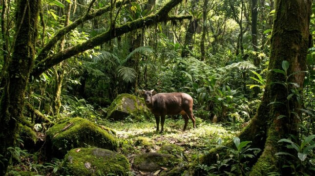 A rare dwarf buffalo known as an anoa stands alert within the dense and lush greenery of a tropical rainforest, capturing the essence of wild nature in a wide cinematic photographic composition.