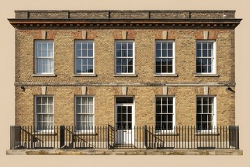 Obraz premium Historic Brick Townhouse with White-Framed Windows and Black Iron Fence