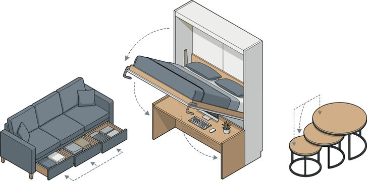 Space-Saving Furniture Set with Sofa, Murphy Bed, and Nesting Coffee Tables for Home Office and Small Apartments