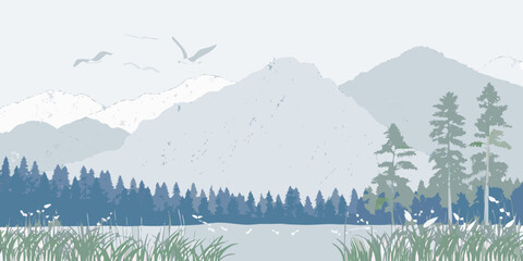 mountain landscape illustration with birds and forest © Rakesh
