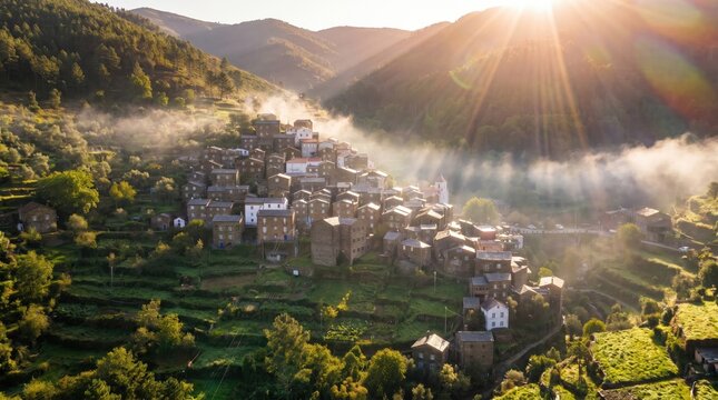 Paisagem A&eacute;rea da Aldeia de Pi&oacute;d&atilde;o ao Amanhecer, com Neblina Sobre as Casas de Xisto e as Montanhas da Serra do A&ccedil;or.