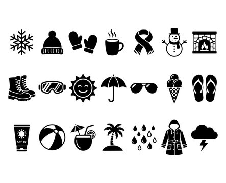 Weather forecast and seasonal clothing icons pack