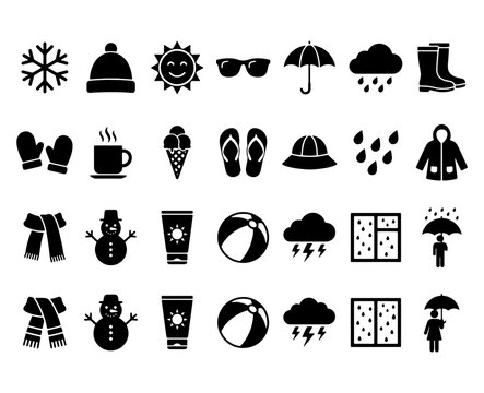 Seasons climate and activities silhouette icons
