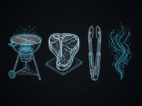 Neon glowing outlines of a barbecue grill, t-bone steak, grilling tongs, and abstract smoke with molecular structures against a dark background.