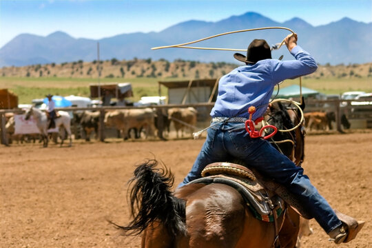 Rider roping cattle at a western rodeo
