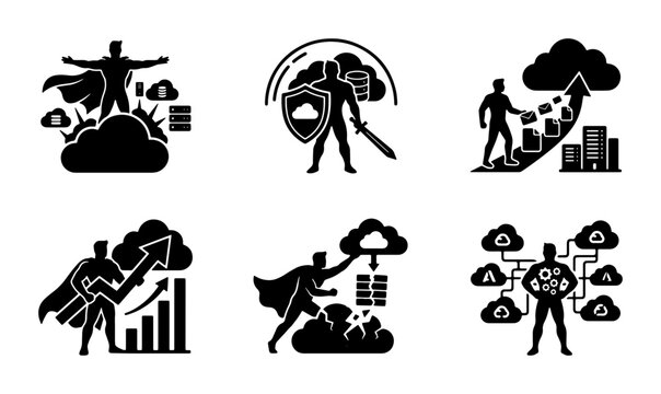 Superhero Cloud Computing Icons, Data Security & Digital Transformation Vector Set