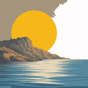Serene coastal horizon with a massive golden sun casting light over rugged rocky cliffs and tranquil blue ocean waters in a minimalist vector style