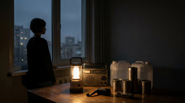 Emergency lantern and canned food supplies during a power outage.