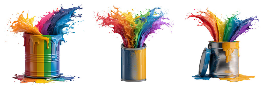 Set of Bright multicolor paint splashing upward from a metal can on transparent png background. Ai generated